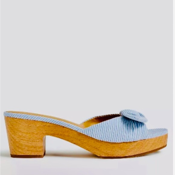 J. CREW SANDALS PRINTED BOW-HEEL MULES WOMEN’S  PLATFORM WOOD BLUE COLOR SIZE 9 - Picture 2 of 7